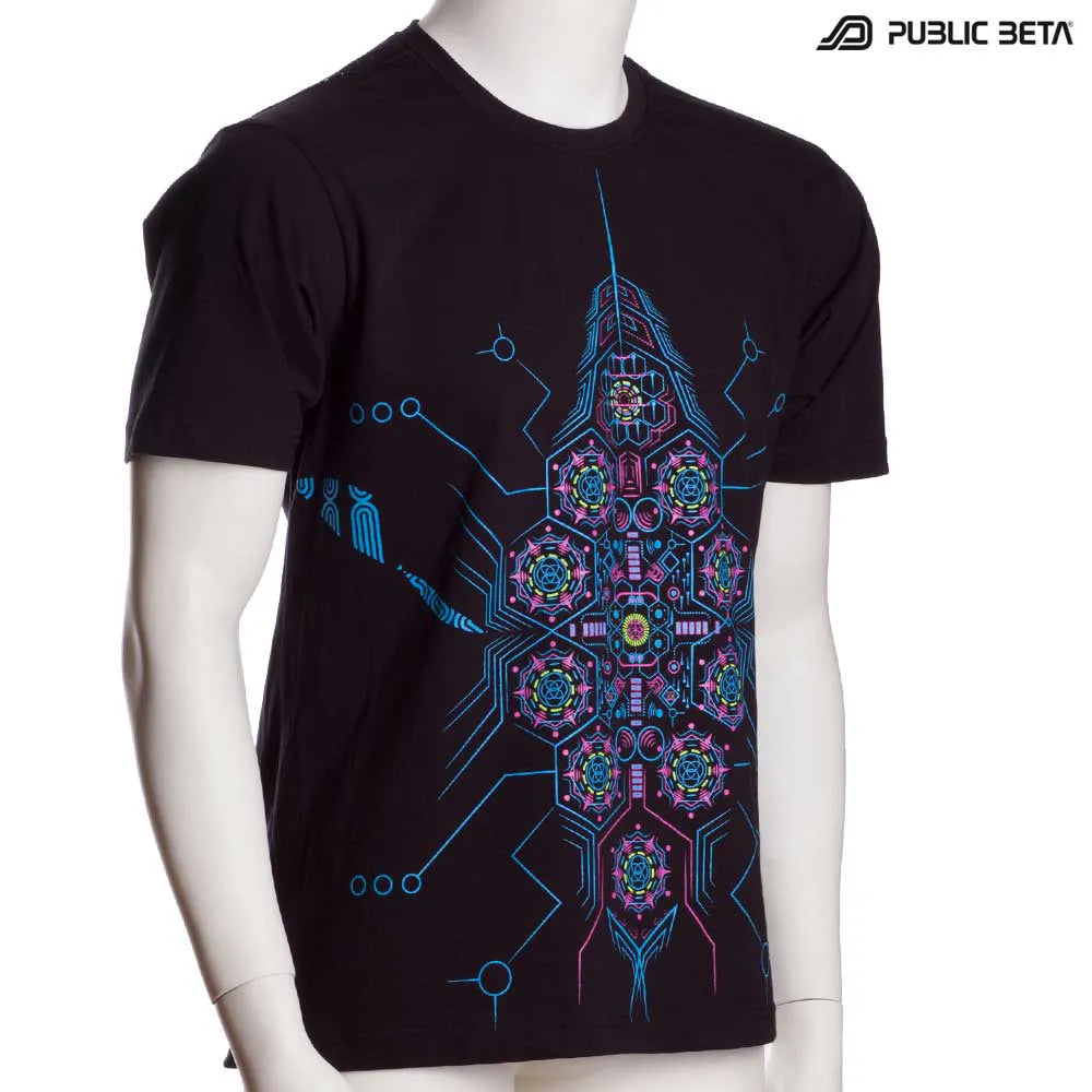  T-shirt with organic UV-reactive print, photographed in natural light 