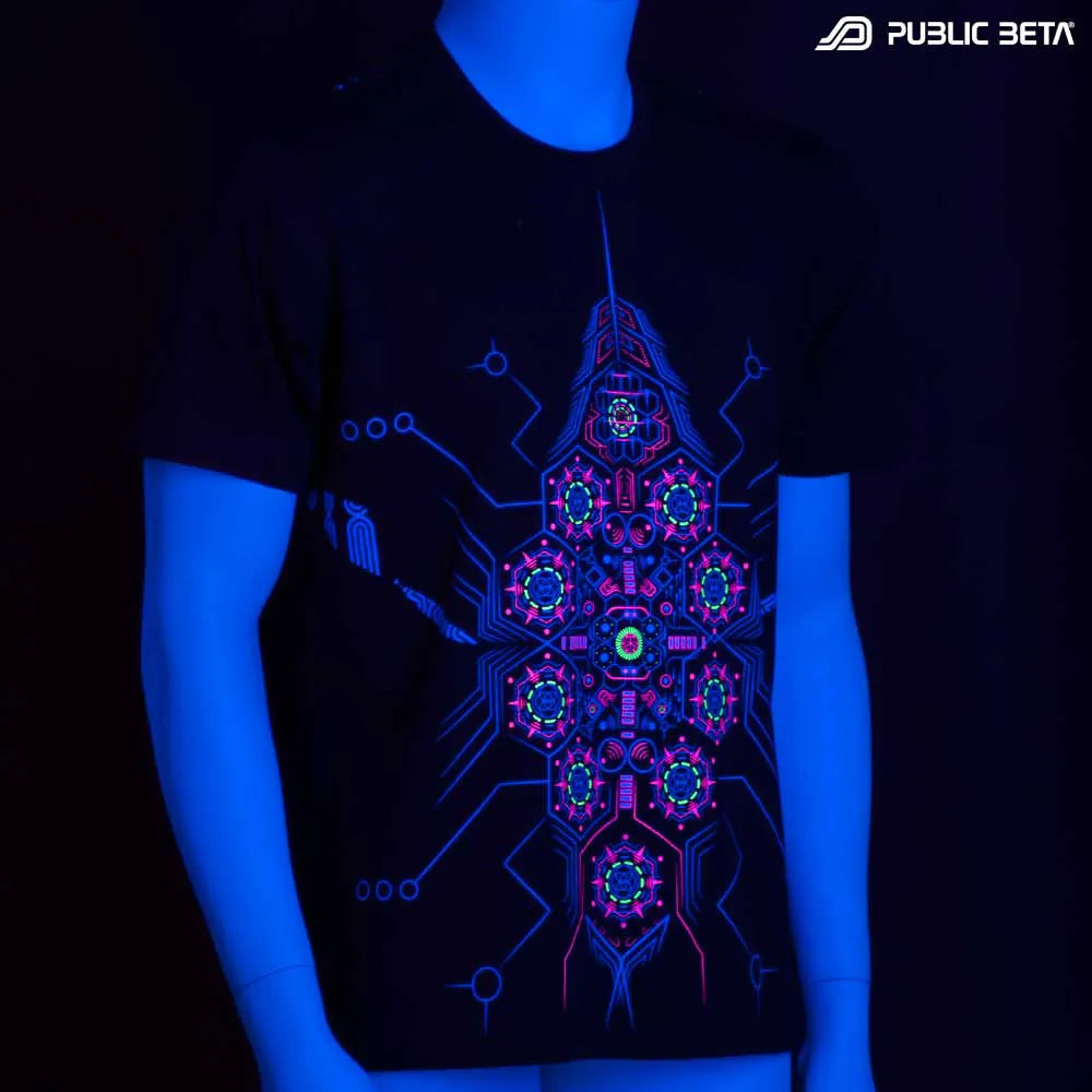 T-shirt with organic UV-reactive print, photographed glowing in blacklight
