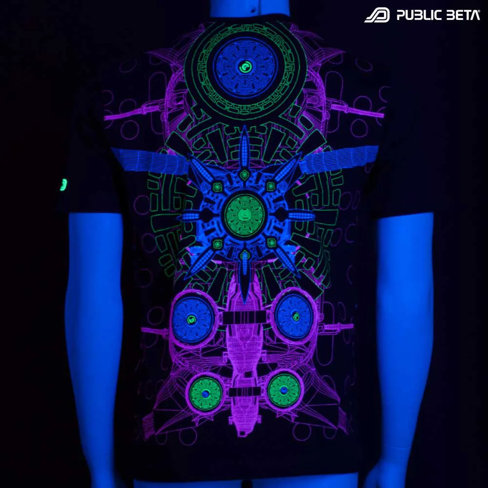 T-shirt with UV-reactive graphics glowing under blacklight back
