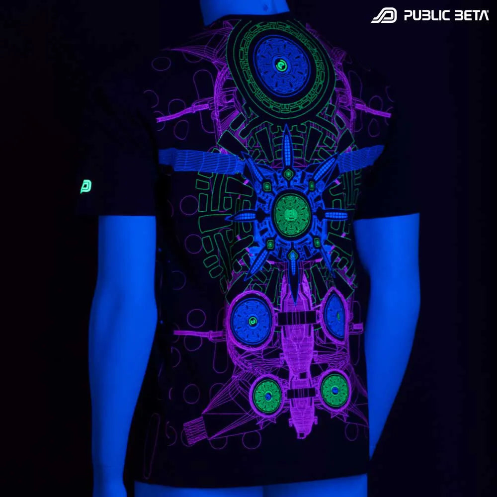 T-shirt with UV-reactive graphics glowing under blacklight back