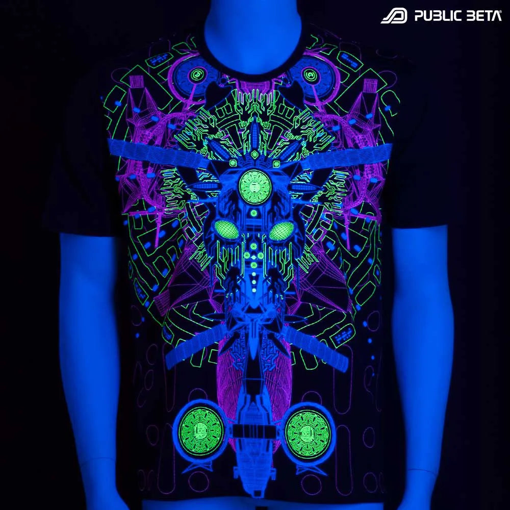 T-shirt with UV-reactive graphics glowing under blacklight front