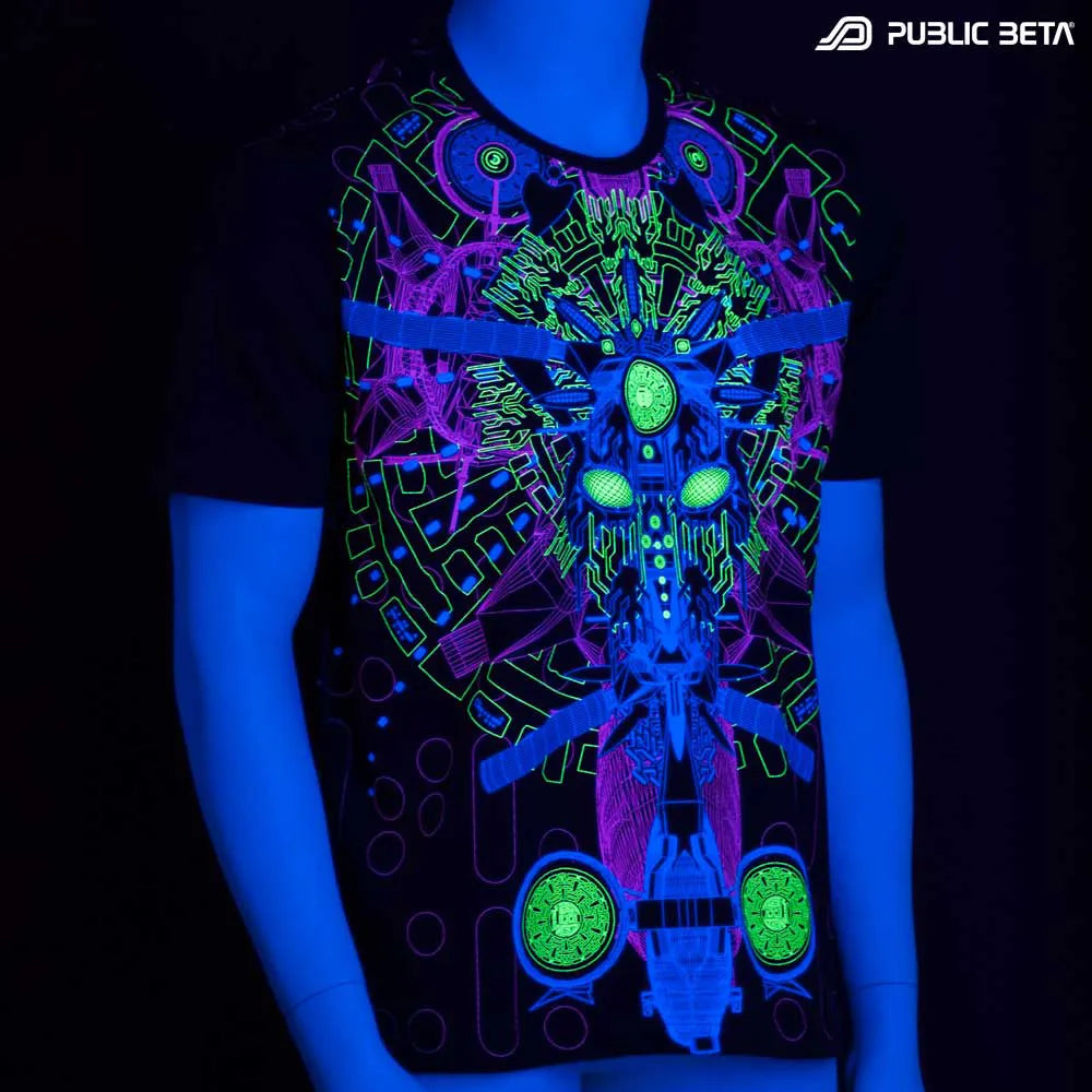 T-shirt with UV-reactive graphics glowing under blacklight front