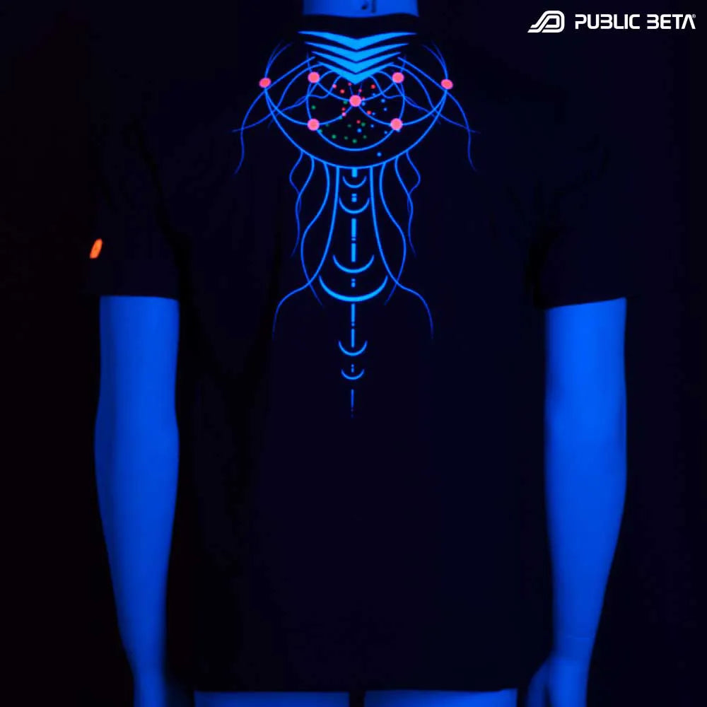 T-shirt with organic UV-reactive graphics glowing under blacklight