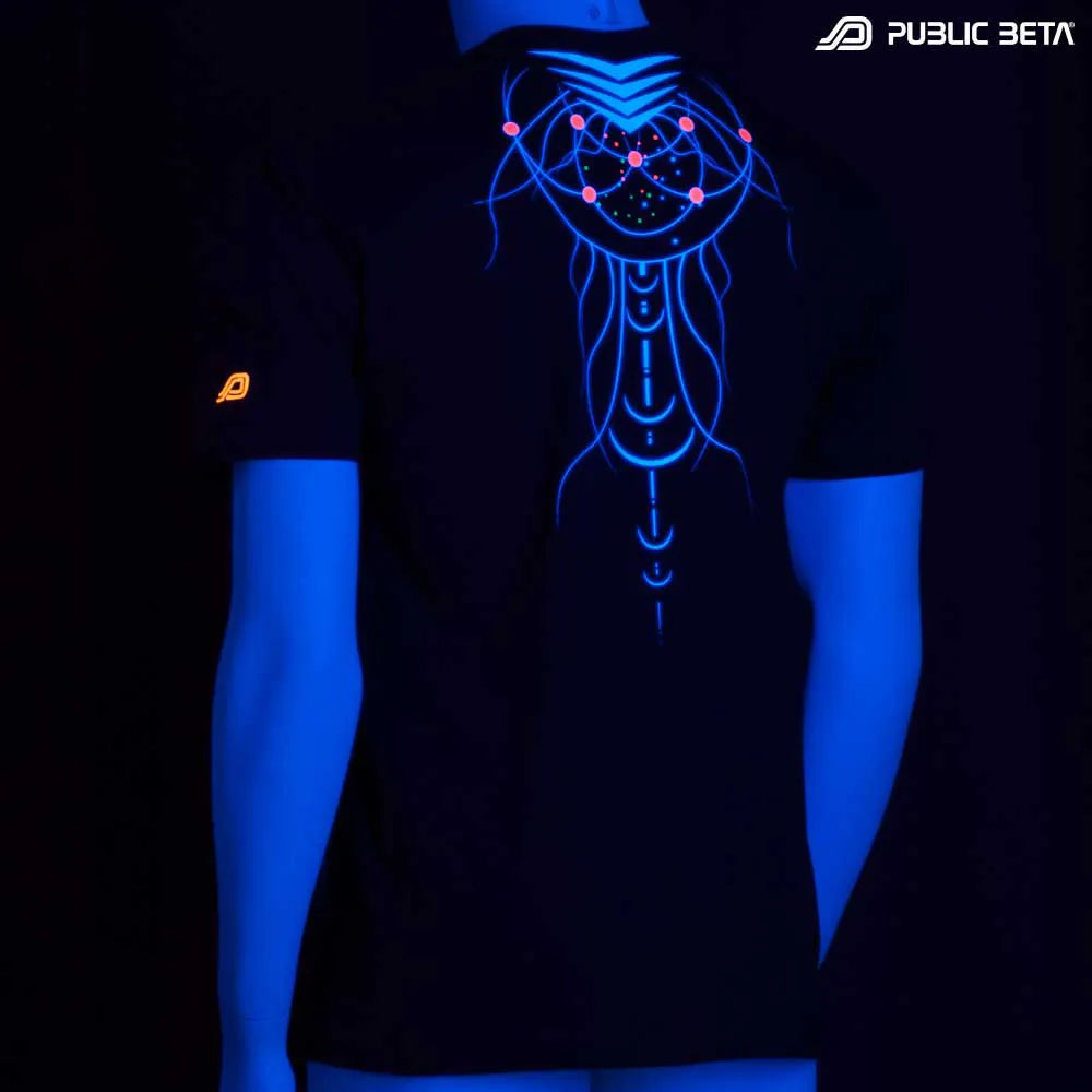 T-shirt with organic UV-reactive graphics glowing under blacklight