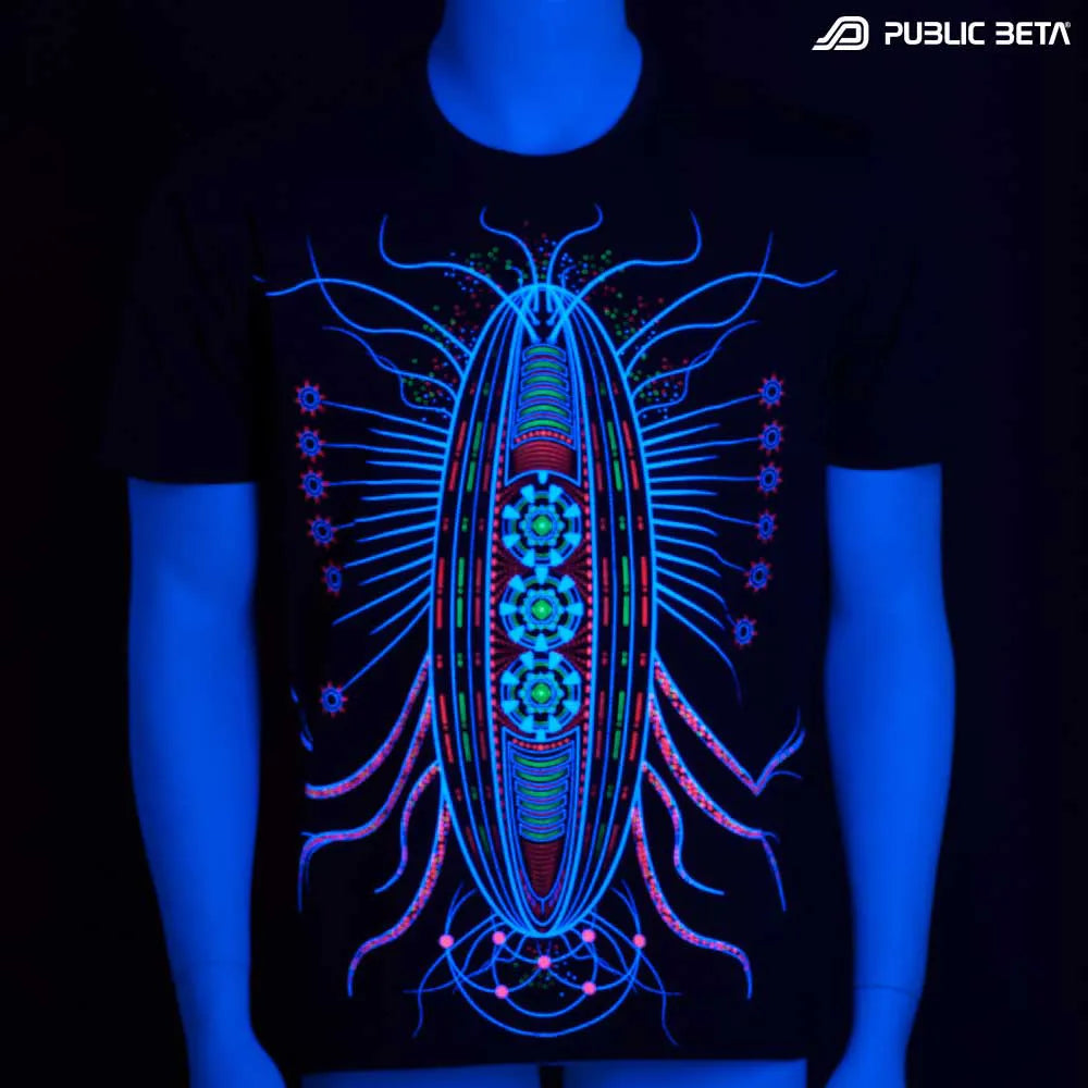 T-shirt with organic UV-reactive graphics glowing under blacklight