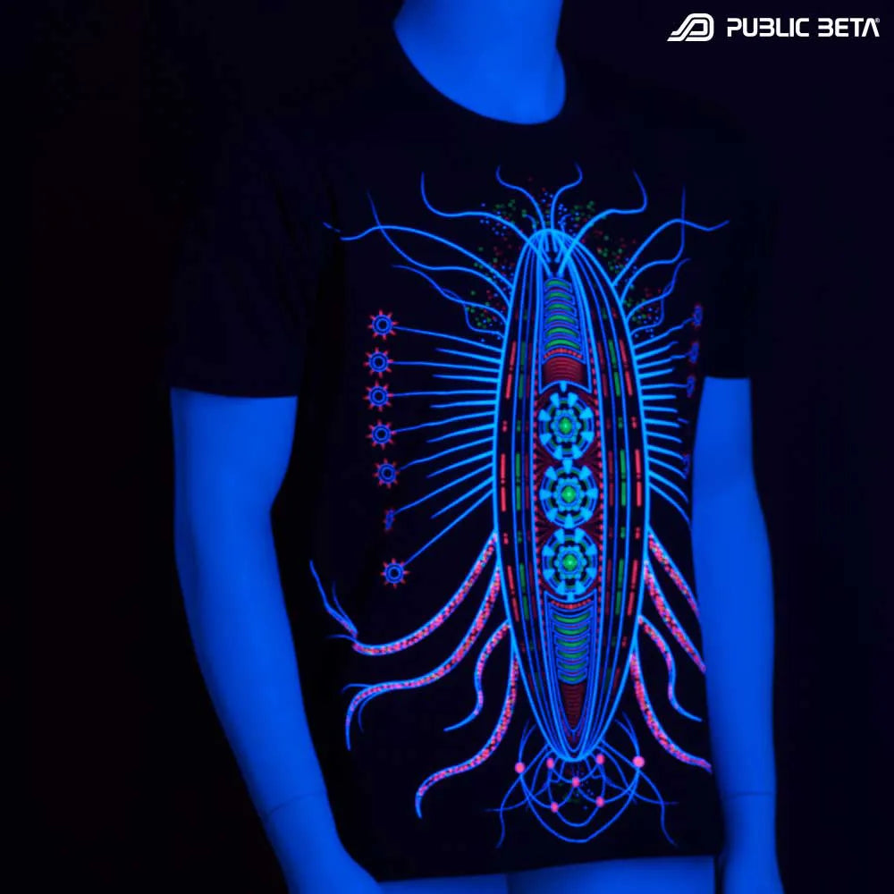 T-shirt with organic UV-reactive graphics glowing under blacklight
