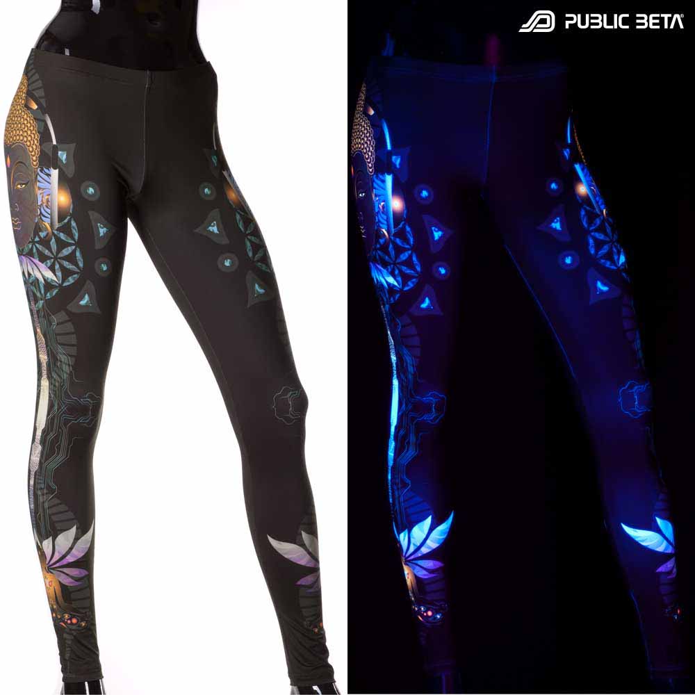 Split image of leggings with Buddha lotus circuit print shown in natural light and glowing under blacklight