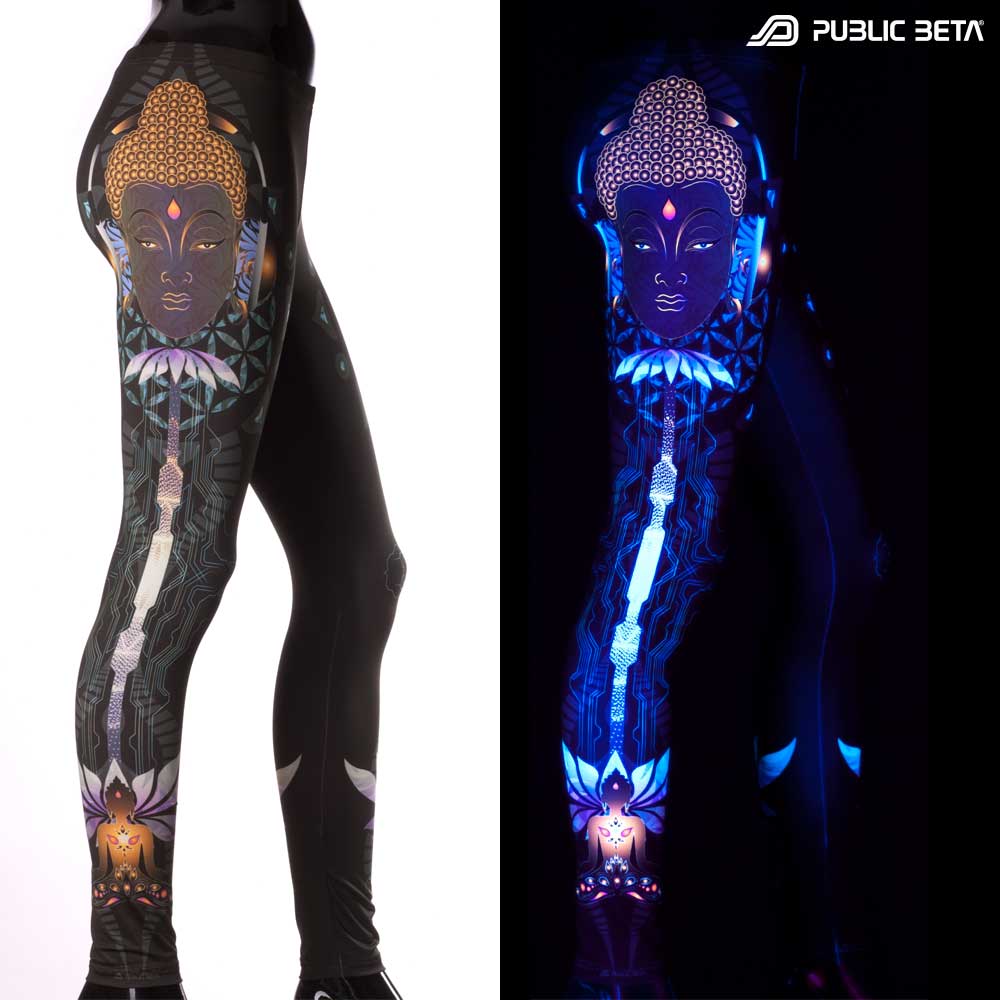 Split image of leggings with Buddha lotus circuit print shown in natural light and glowing under blacklight