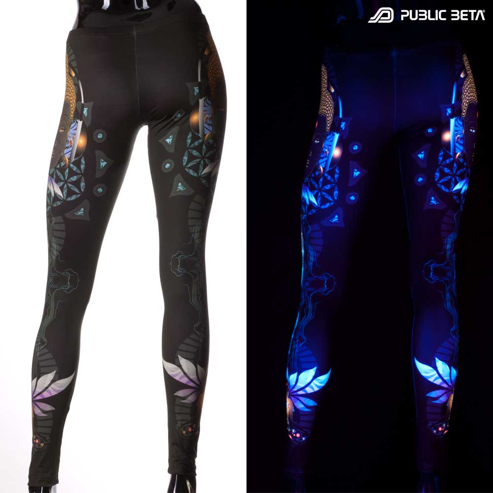 Split image of leggings with Buddha lotus circuit print shown in natural light and glowing under blacklight