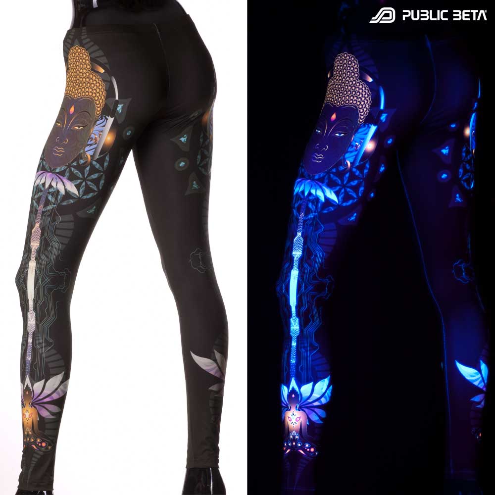 Split image of leggings with Buddha lotus circuit print shown in natural light and glowing under blacklight