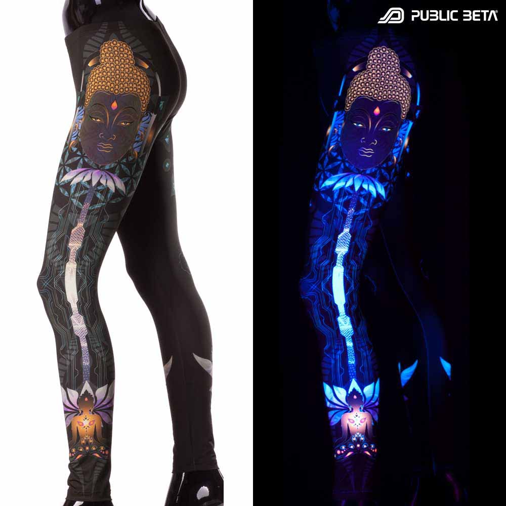 Split image of leggings with Buddha lotus circuit print shown in natural light and glowing under blacklight