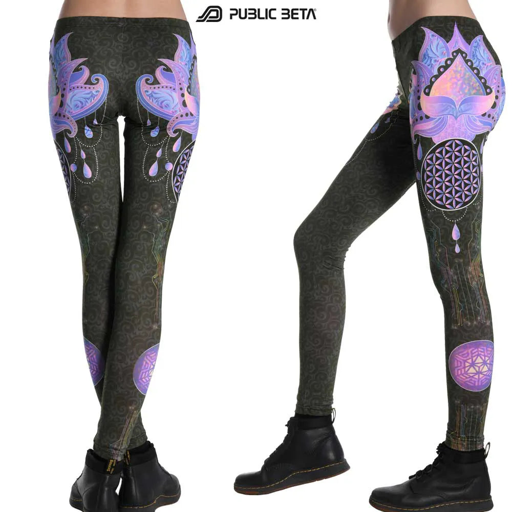 Uv reactive psychedelic art printed leggings shown in natural light and 
