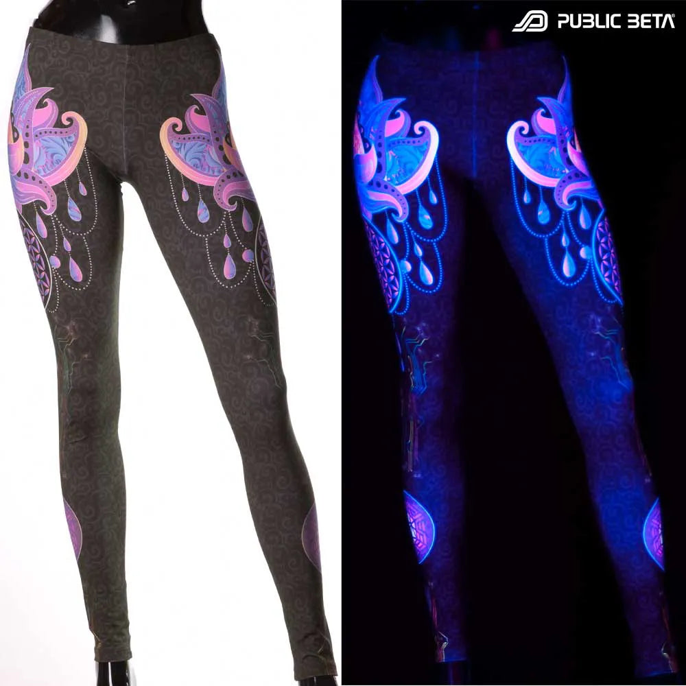 Uv reactive psychedelic art printed leggings shown in natural light and glowing under blacklight split image view