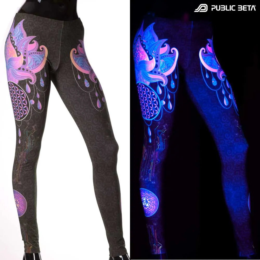 Uv reactive psychedelic art printed leggings shown in natural light and glowing under blacklight split image view