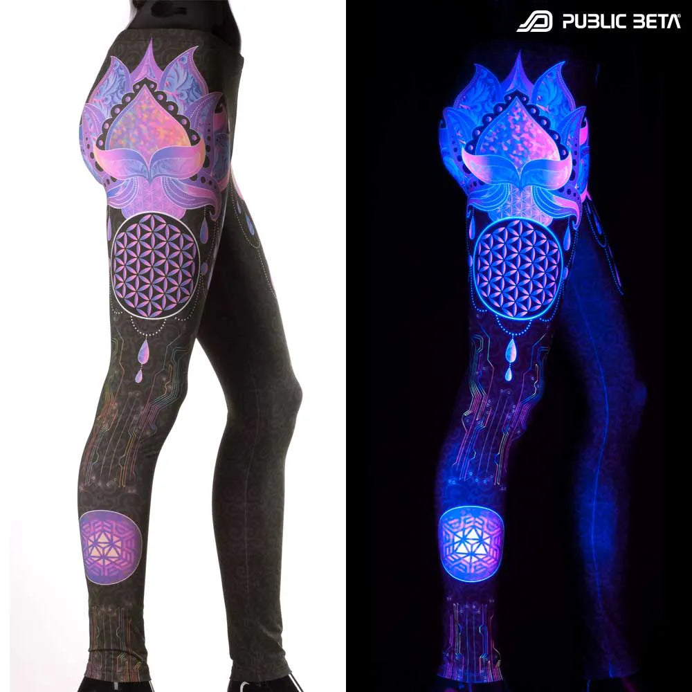 Uv reactive psychedelic art printed leggings shown in natural light and glowing under blacklight split image view