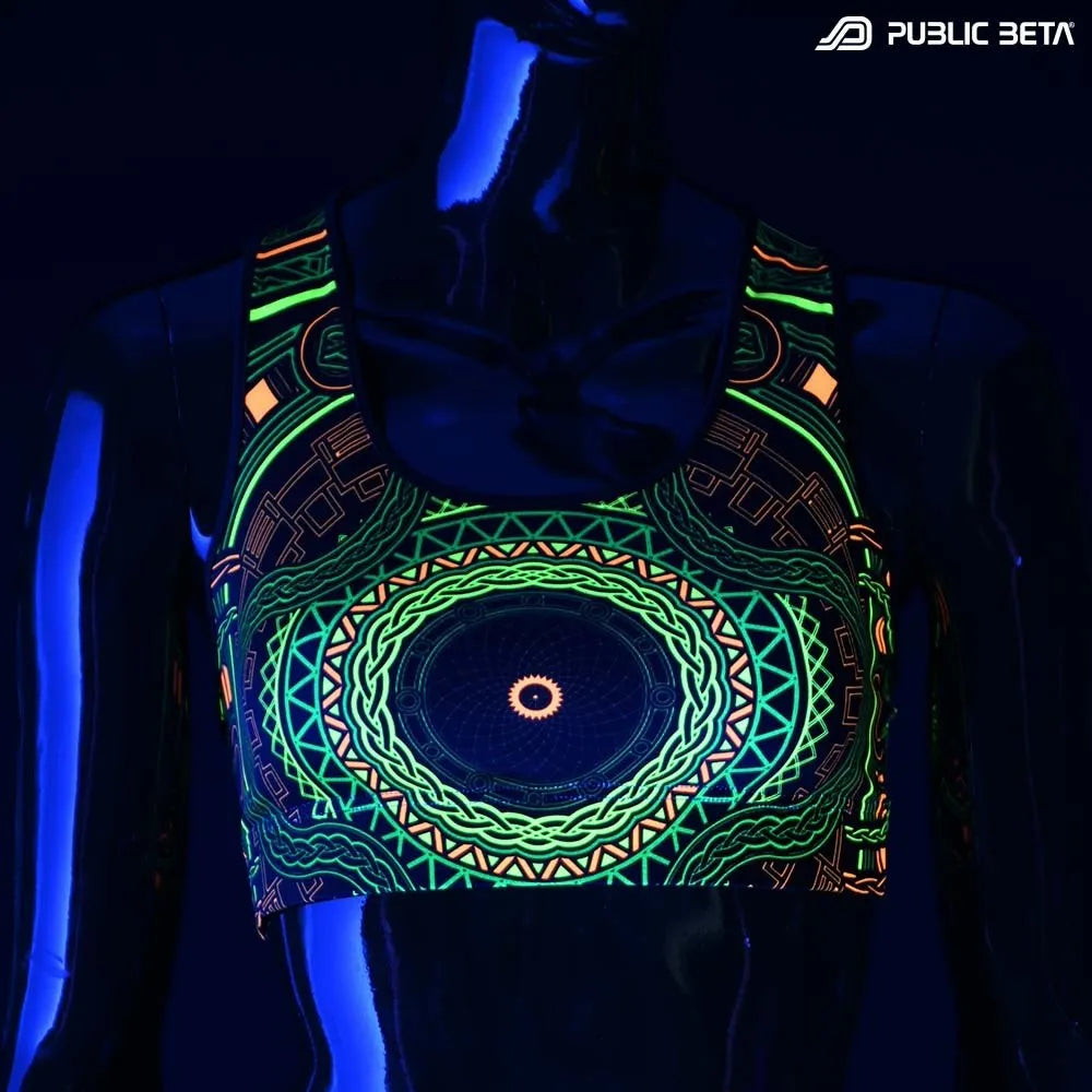 Active top with geometric UV-reactive graphics glowing under blacklight