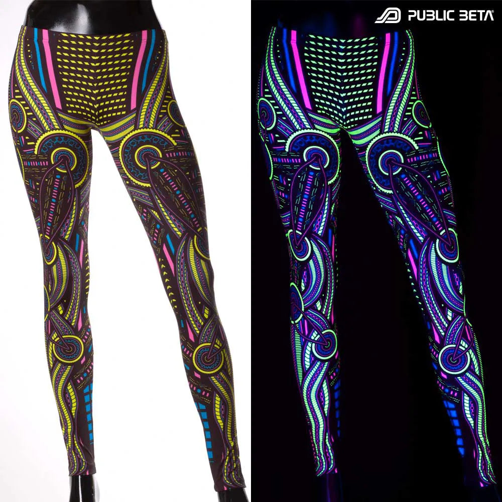 Uv reactive psychedelic art printed leggings shown in natural light and glowing under blacklight split image view