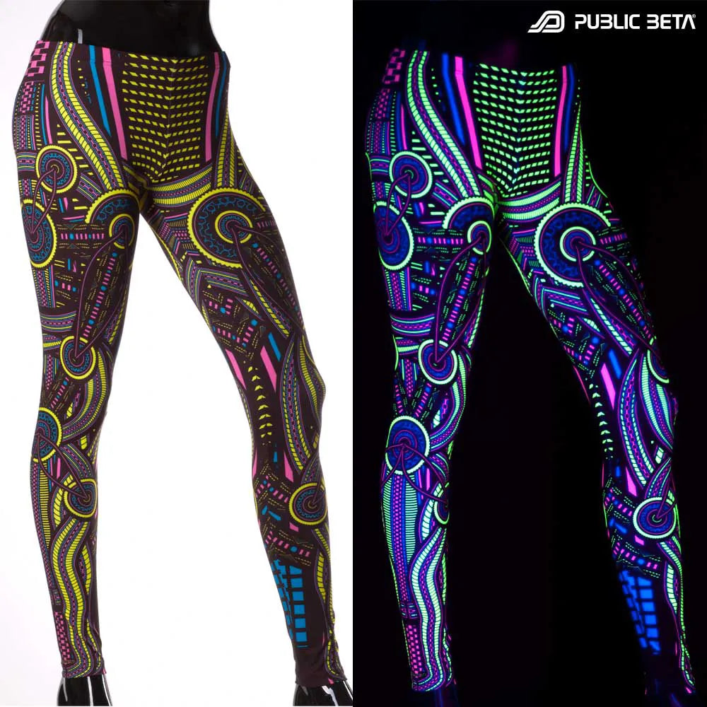 Uv reactive psychedelic art printed leggings shown in natural light and glowing under blacklight split image view