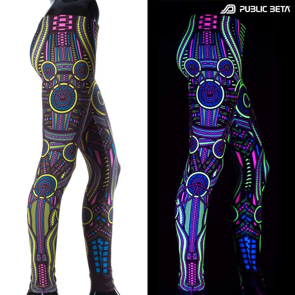 Uv reactive psychedelic art printed leggings shown in natural light and glowing under blacklight split image view