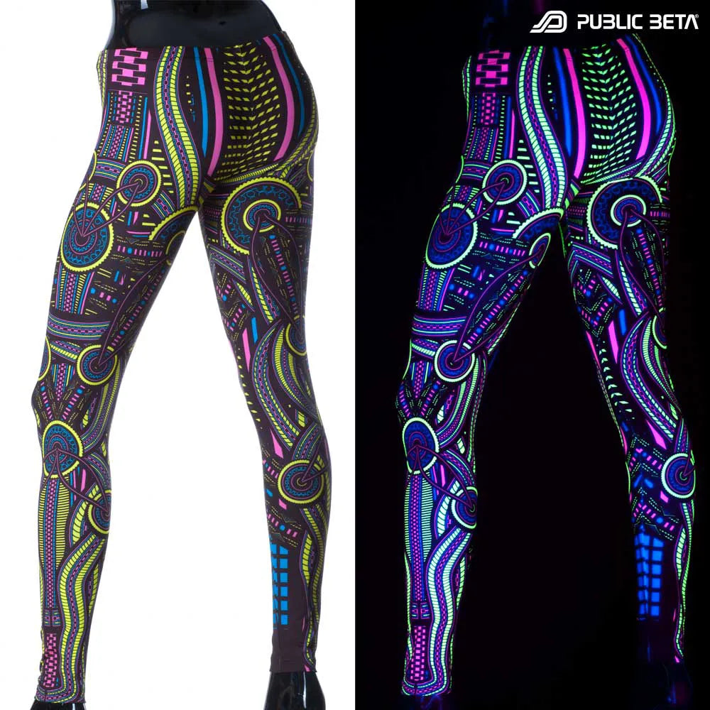 Uv reactive psychedelic art printed leggings shown in natural light and glowing under blacklight split image view