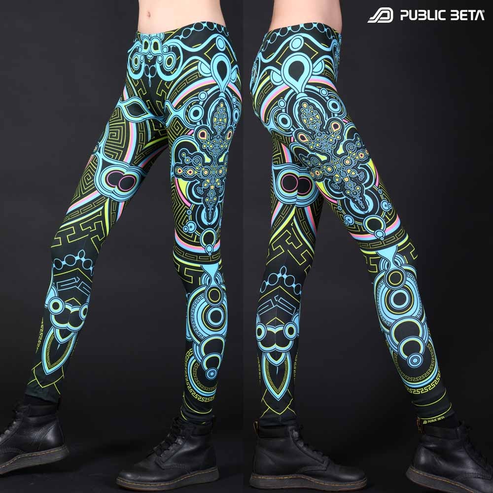 Leggings with UV-reactive psychedelic print glowing under blacklight