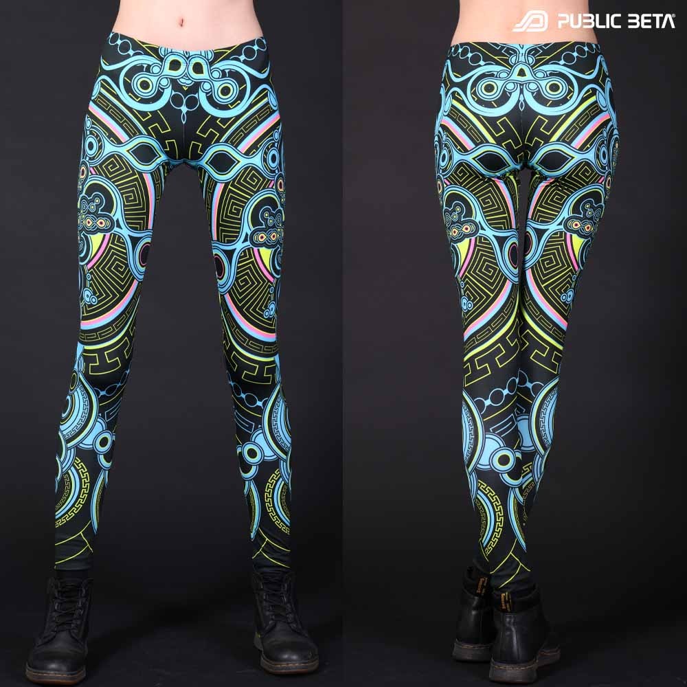 Leggings with UV-reactive psychedelic print glowing under blacklight