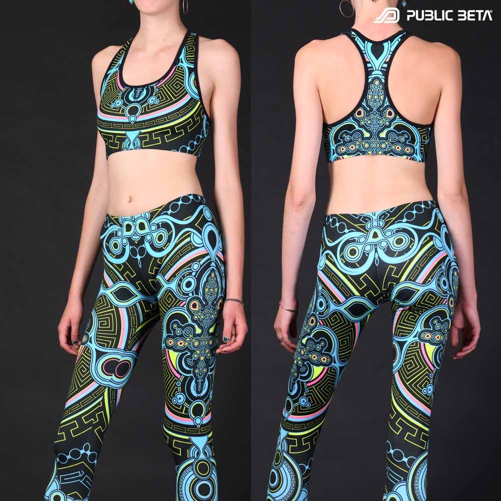 Leggings with UV-reactive psychedelic print glowing under blacklight