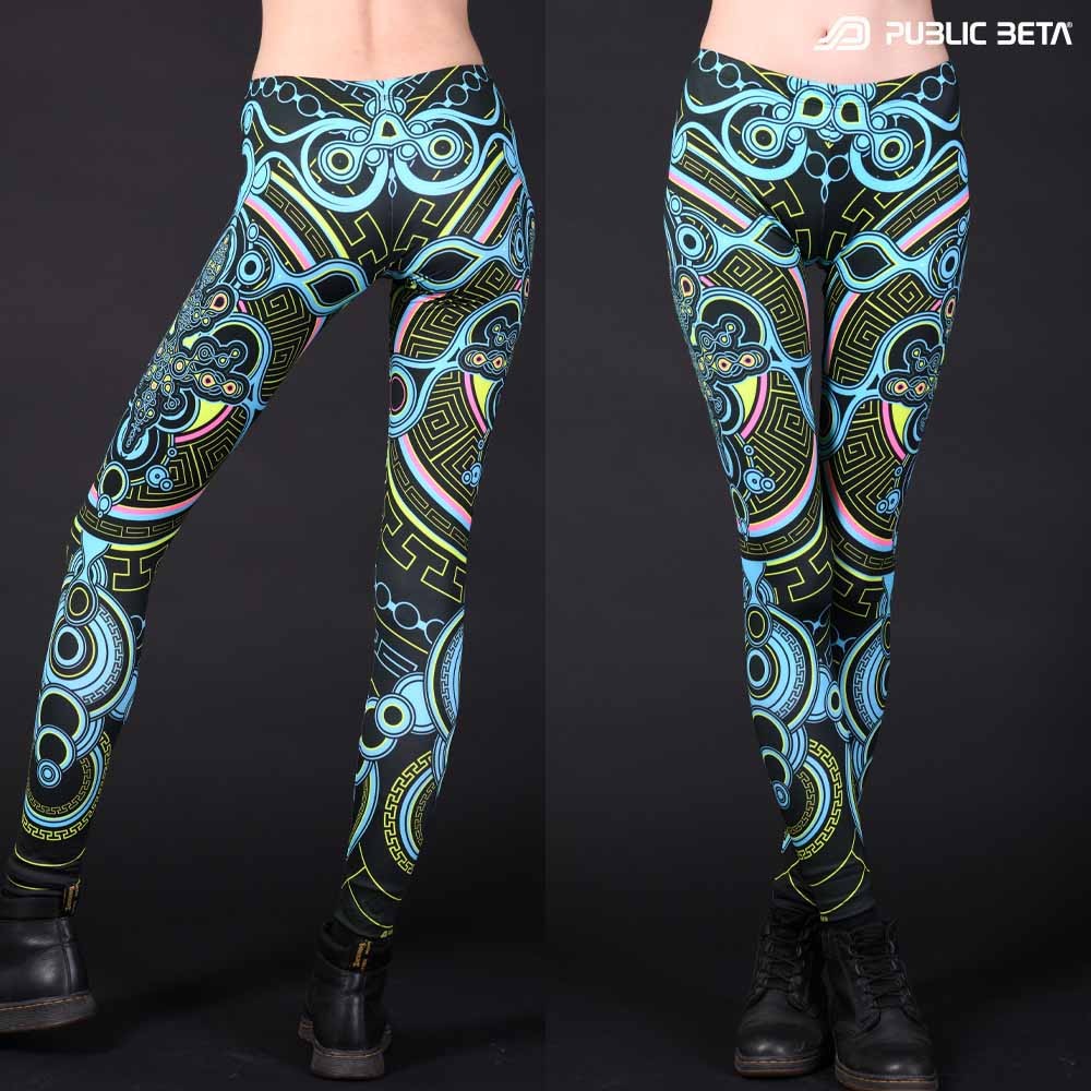 Leggings with UV-reactive psychedelic print glowing under blacklight