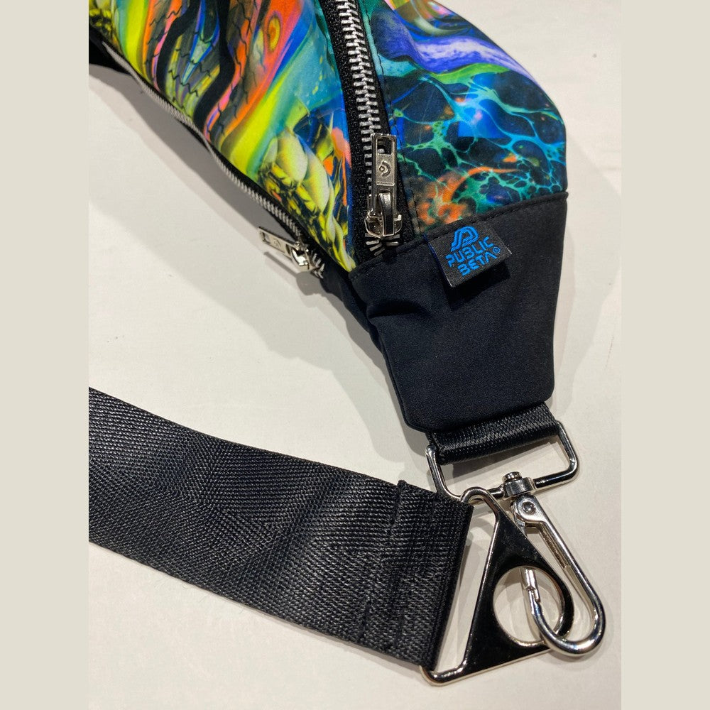 Bum bag details: metal zippers, Public Beta label, adjustable strap and carabiner clip