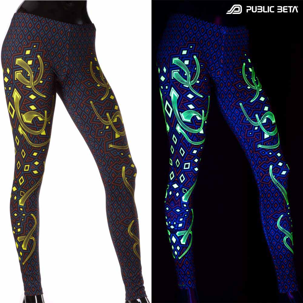 Split image of leggings with rhombus geometric print shown in natural light and glowing under blacklight