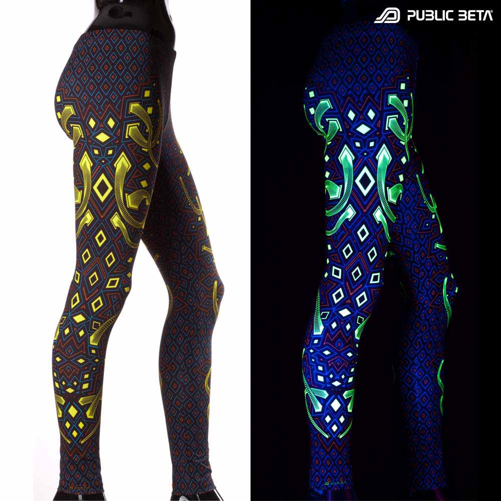Split image of leggings with rhombus geometric print shown in natural light and glowing under blacklight