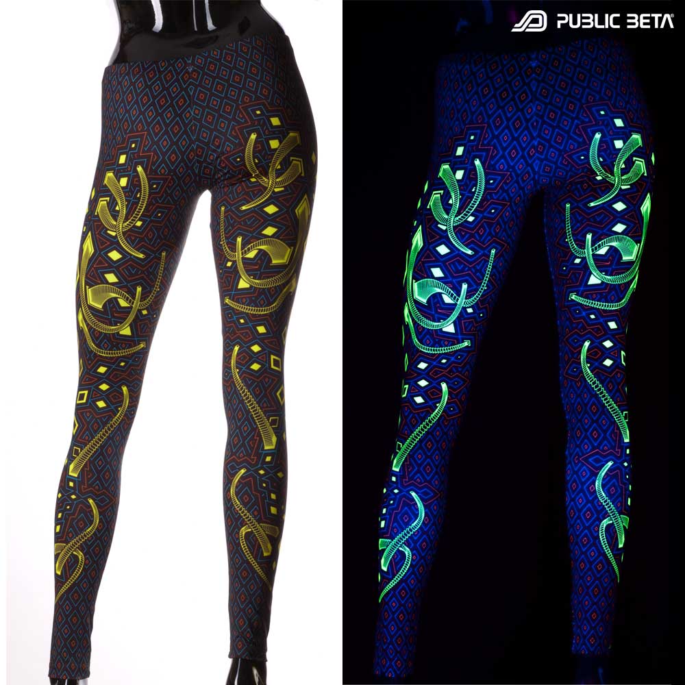 Split image of leggings with rhombus geometric print shown in natural light and glowing under blacklight