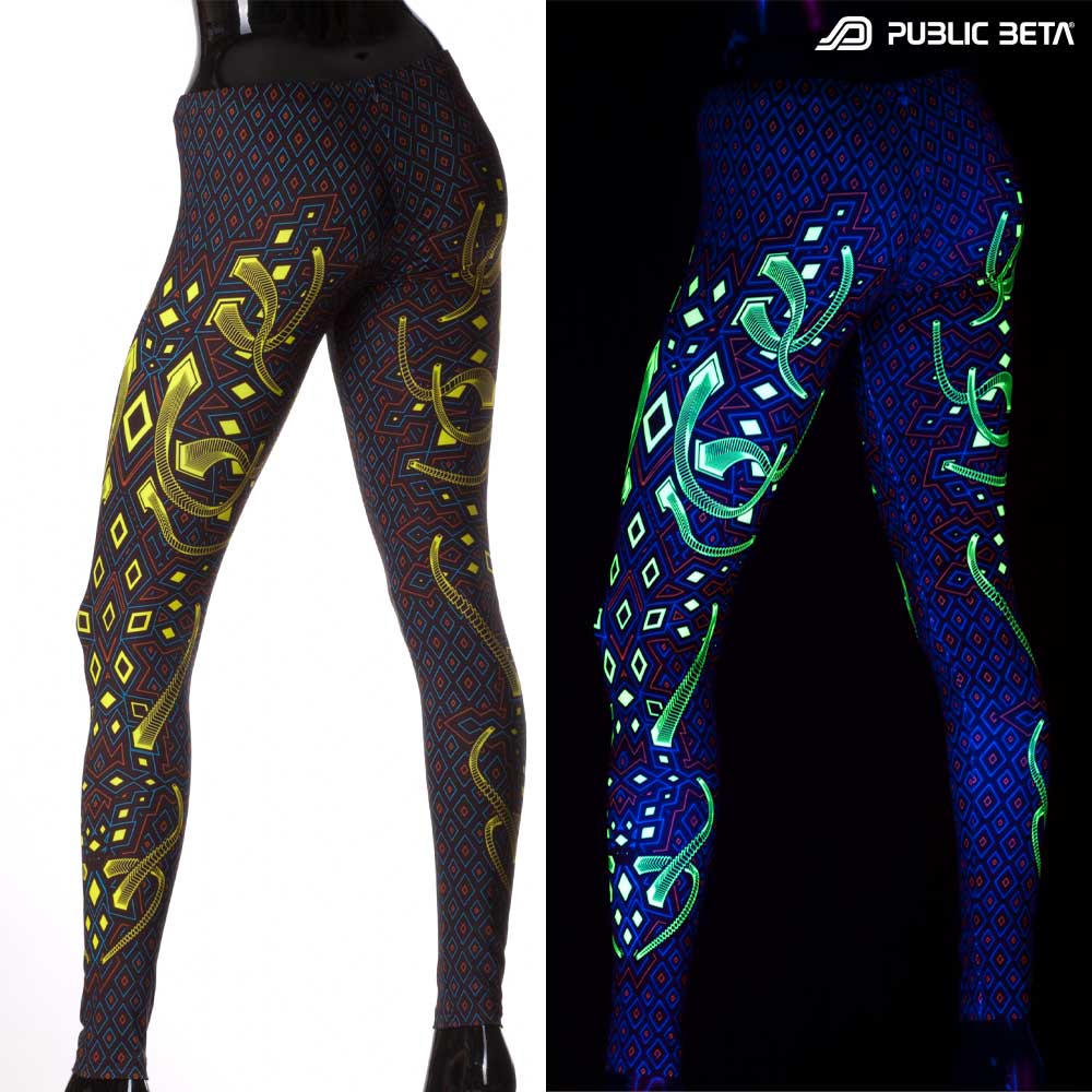Split image of leggings with rhombus geometric print shown in natural light and glowing under blacklight