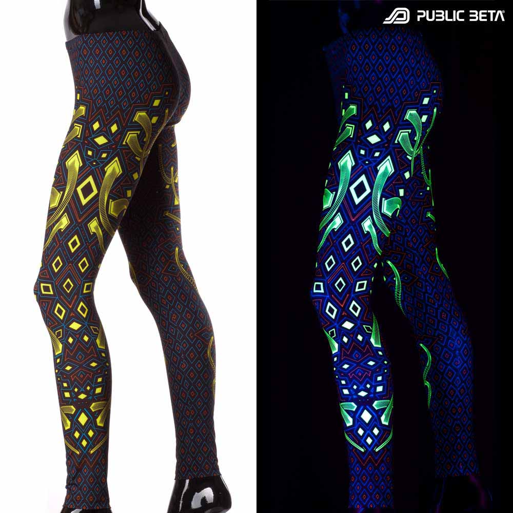 Split image of leggings with rhombus geometric print shown in natural light and glowing under blacklight