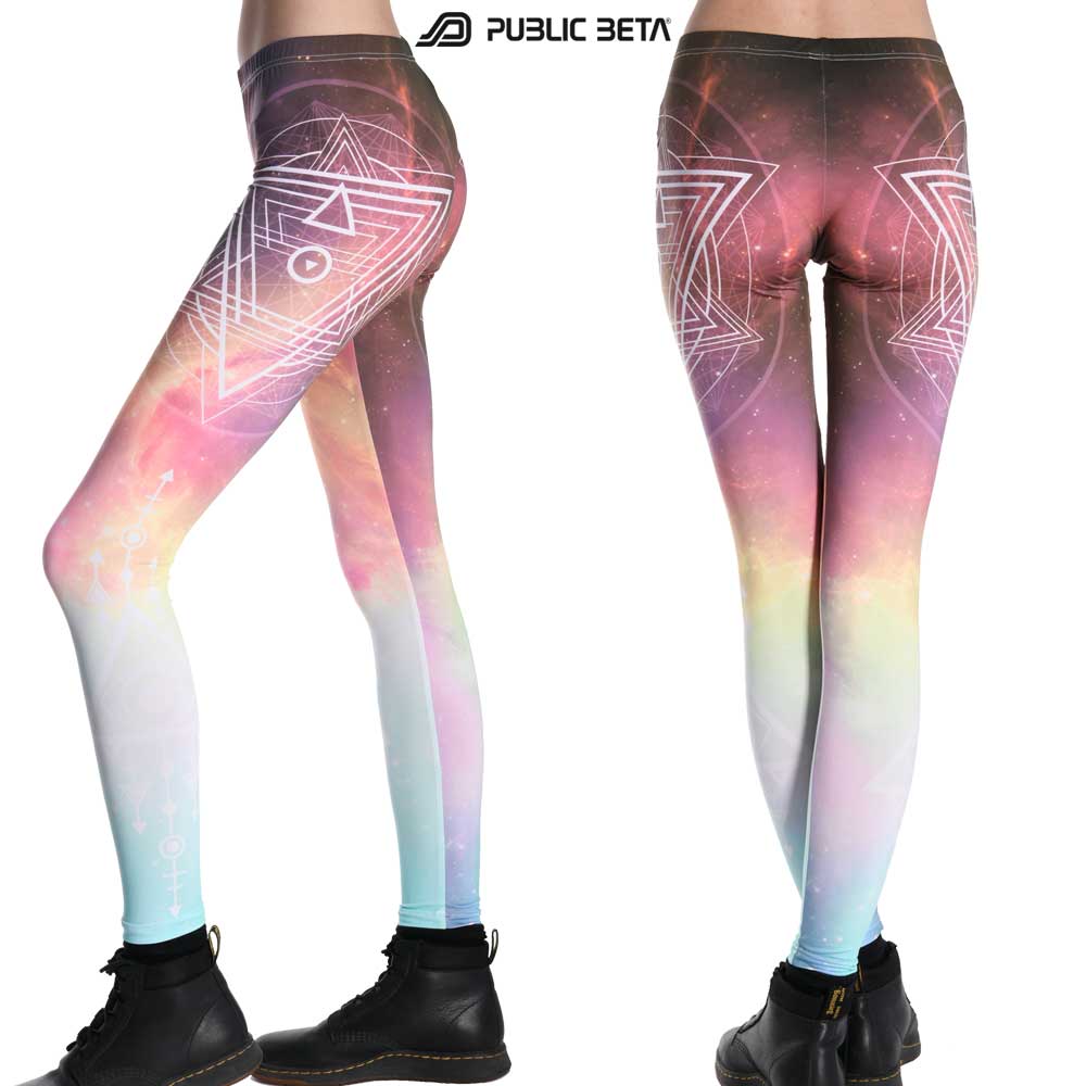 Leggings with sacred geometry starburst print, photographed in natural light