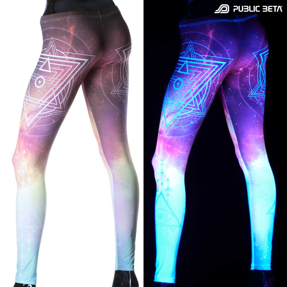 Split image of leggings with sacred geometry starburst print shown in natural light and glowing under blacklight