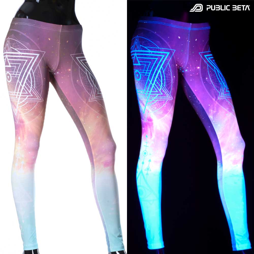Split image of leggings with sacred geometry starburst print shown in natural light and glowing under blacklight