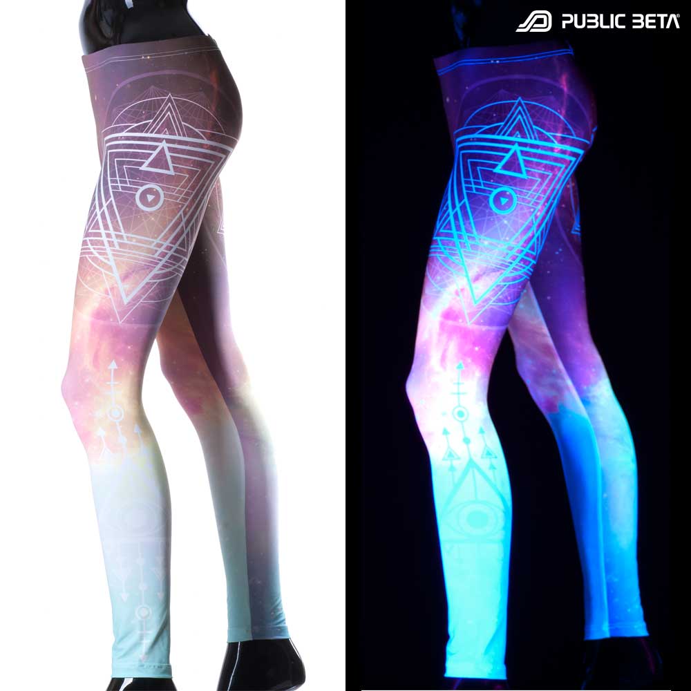Split image of leggings with sacred geometry starburst print shown in natural light and glowing under blacklight