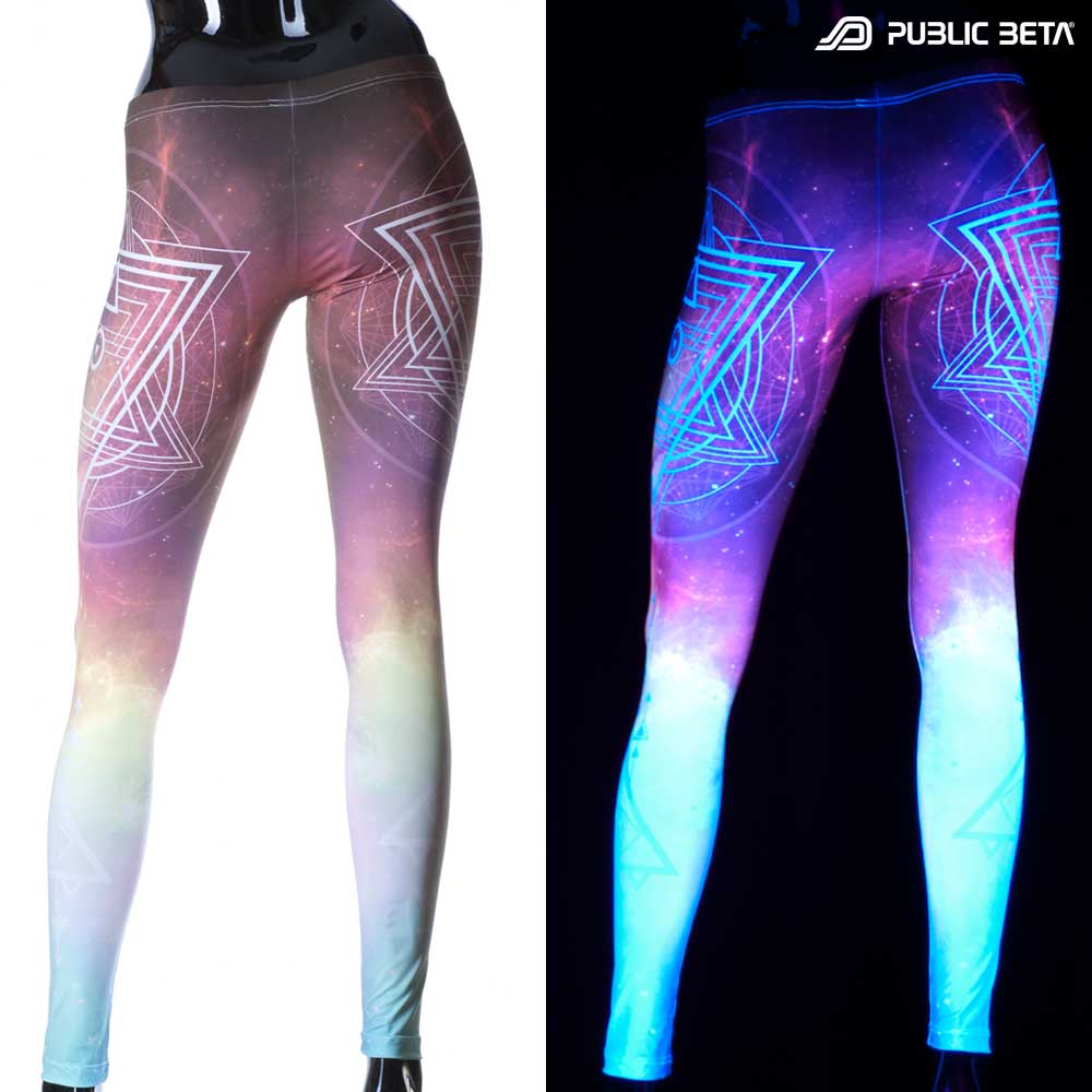 Split image of leggings with sacred geometry starburst print shown in natural light and glowing under blacklight