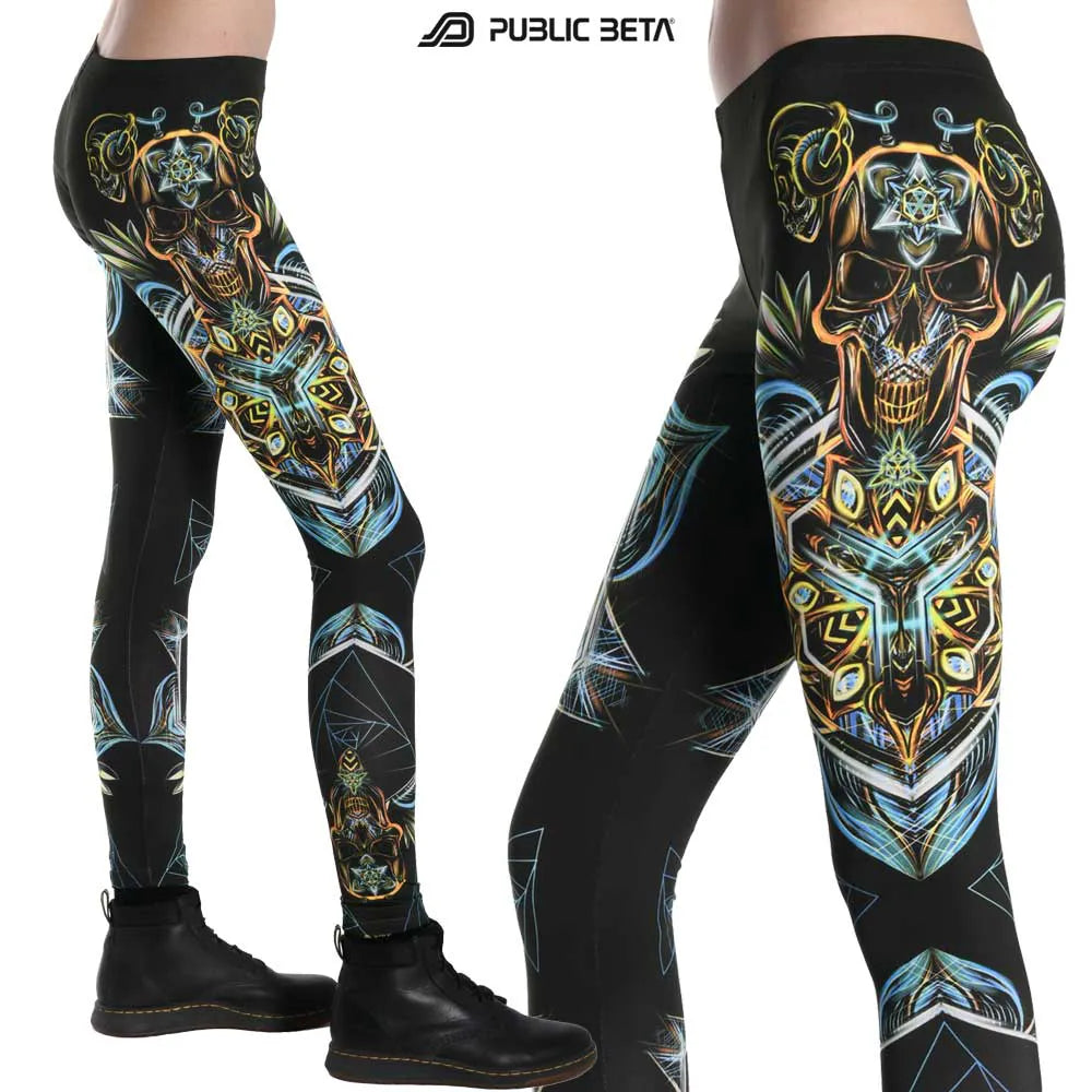 Leggings with UV-reactive psychedelic art print, photographed in natural light