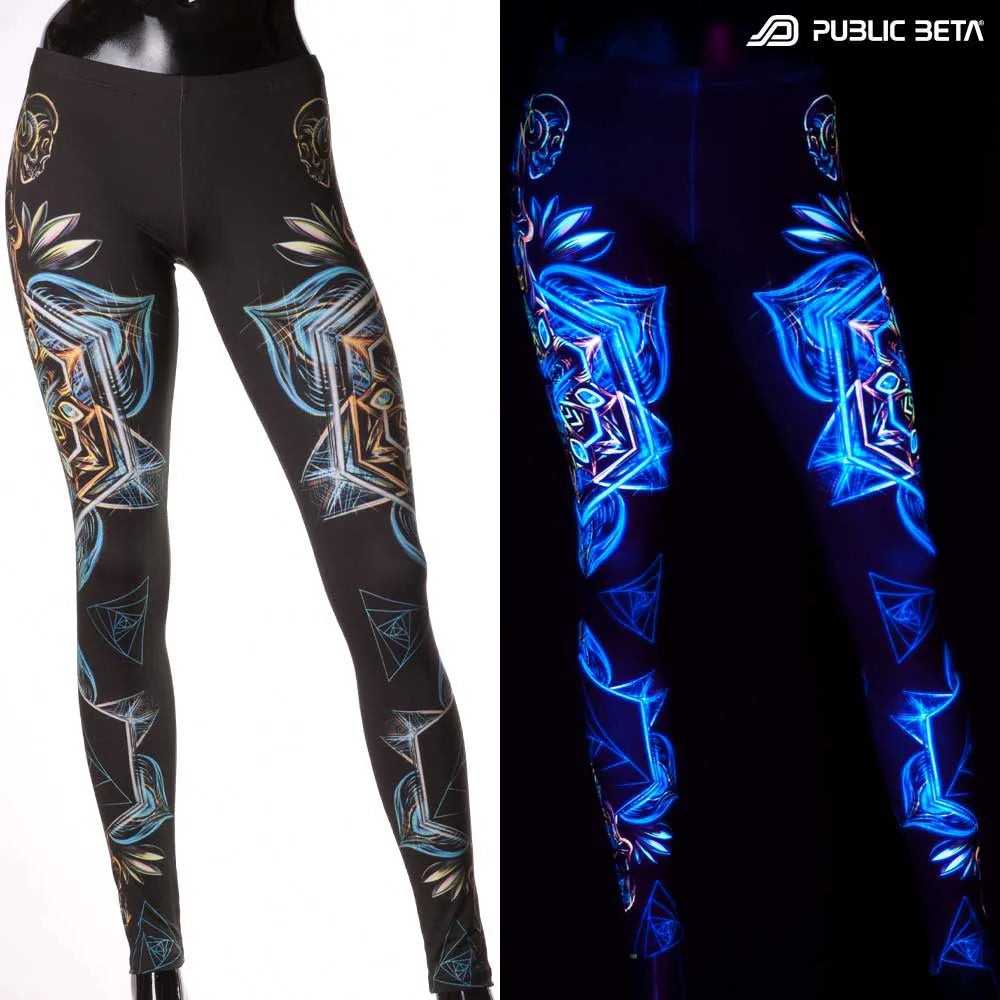 Split image ofLeggings with UV-reactive psychedelic art print, photographed in natural light and glowing under blacklight