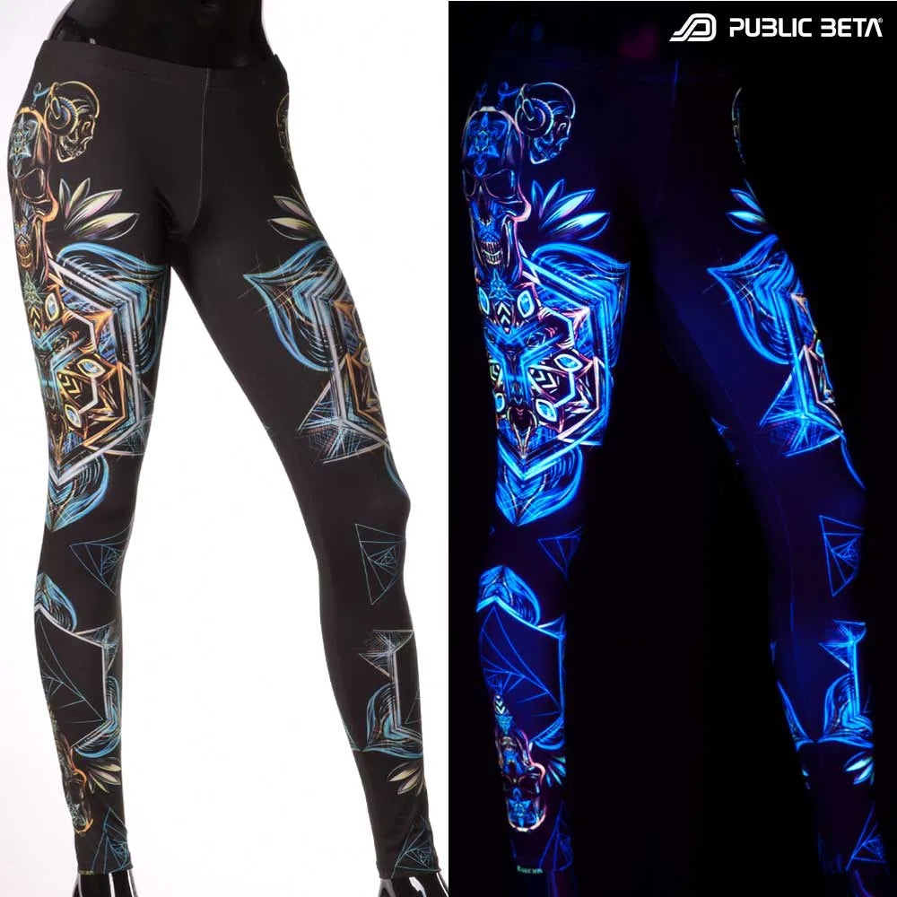Split image ofLeggings with UV-reactive psychedelic art print, photographed in natural light and glowing under blacklight