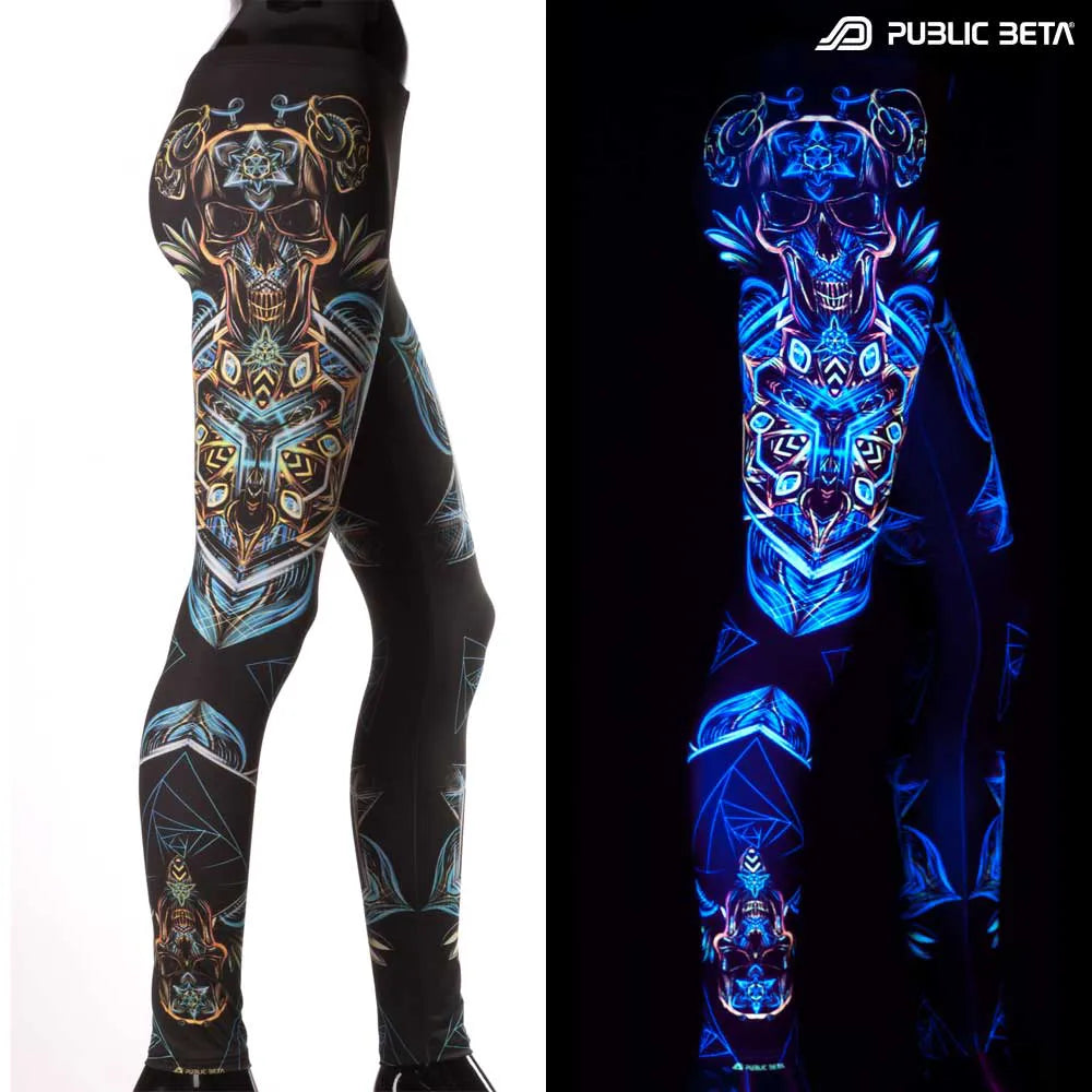 Split image ofLeggings with UV-reactive psychedelic art print, photographed in natural light and glowing under blacklight