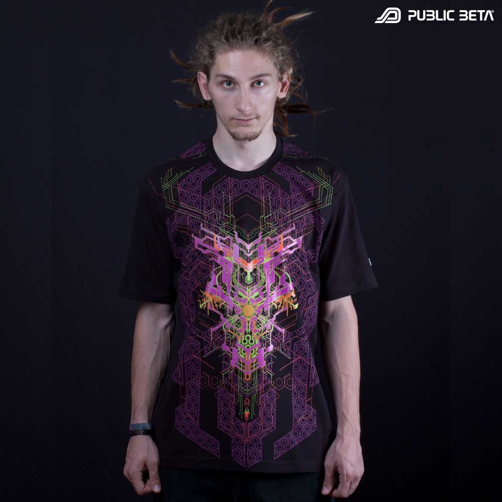 Model wearing T-shirt with UV-reactive futuristic graphics, photographed in natural light